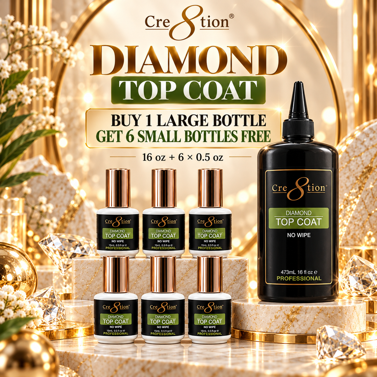 Cre8tion Gel Diamond No Wipe Top Coat 16oz Refill - With 6 Free Size 0.5oz